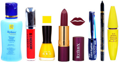 

Rythmx Lipstick ,Polish Remover, Sindoor, Nail Polish,EyeLiner,Black Kajal, Mascara, Makeup kit Combo 14067(Set of 7)