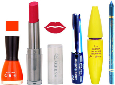 

Rythmx Intense Matte Royal pink Shade Lipstick, Fantasy Orange Nail Polish,Black Eyeliner,Mascara, And Turquoise Blue Kajal 595(Set of 5)