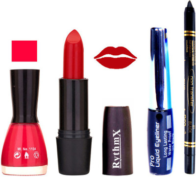 

Rythmx Lovly Pink Nail Polish Red Lipstick With Eyeliner and Pro Non Transfer Black Kajal 68117(Set of 4)