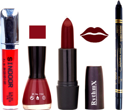

Rythmx Maroon Lipstick Maroon Nail Polish Non Transfer Black kajal Sindoor 177(Set of 4)
