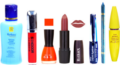 

Rythmx Gotch Brown Lipstick Orange Nail Polish Remover Black EyeLiner Sindoor Turquoise Blue Kajal Maskara 4(Set of 7)