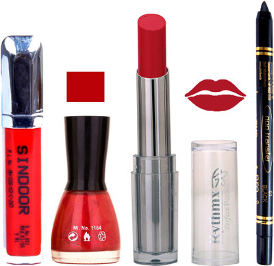 

Rythmx Lipstick Sindoor,Nail Polish,Black Kajal Makeup Pack Combo 637(Set of 4)