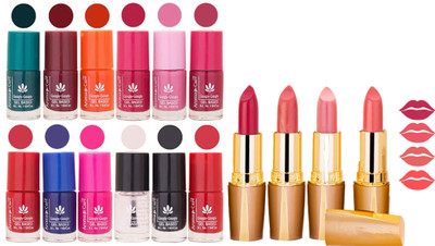 

Aroma Care 12 Piece Vibrant Color Nail Polish Combo Set With 4 Rythm Creamy Matte Lipstick Combo 118(Set of 16)