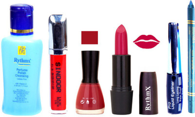 

Rythmx BrightMazanta Lipstick Mauvish Pink Nail Polish Remover Eye Liner Sindoor Turquoise Blue Kajal Combo Kit 8899(Set of 6)