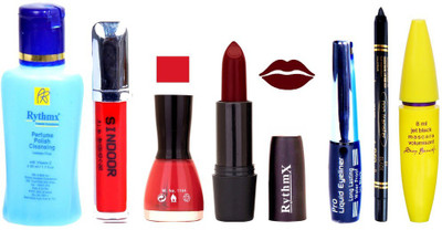 

Rythmx Maroon Lipstick Redish Pink Nail Polish Remover Eye Liner Sindoor Black Kajal Maskara 49(Set of 7)