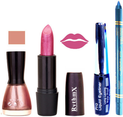 

Rythmx Light Shimmer Pink Nail Polish Shimmer Purple Lipstick With Eyeliner and Pro Non Transfer Blue Kajal 580125(Set of 4)