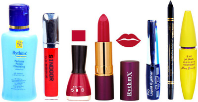 

Rythmx Lipstick ,Polish Remover, Sindoor, Nail Polish,EyeLiner,Black Kajal, Mascara, Makeup kit Combo 14091(Set of 7)