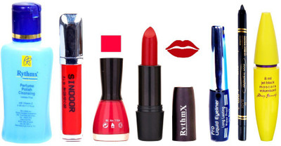 

Rythmx Red Lipstick Neon Pink Nail Polish Remover Eye Liner Sindoor Pro Non Transfer Black Kajal Maskara Combo Kit 2852(Set of 7)
