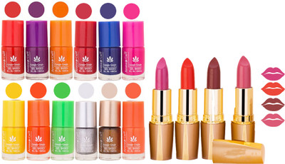 

Aroma Care 12 Piece Vibrant Color Nail Polish Combo Set With 4 Rythm Creamy Matte Lipstick Combo 166(Set of 16)