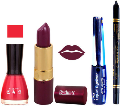 

Rythmx Neon Light Pink Nail Polish Dark Purple Lipstick With Eyeliner and Pro Non Transfer Black Kajal 68114(Set of 4)