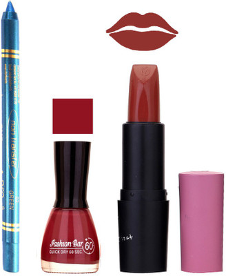 

Fashion Bar Nail Polish , otg Lipstick , Turquoise Blue Kajal Combo60(Set of 3)