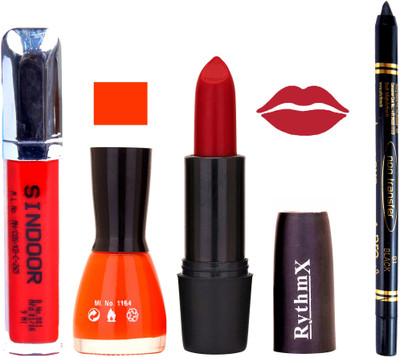 

Rythmx Rose Red Lipstick Orange Nail Polish Non Transfer Black kajal Sindoor 180(Set of 4)