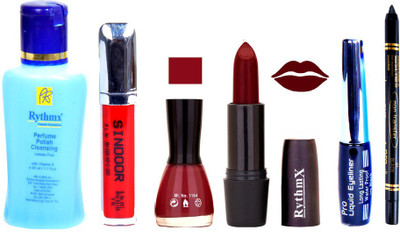 

Rythmx Maroon Lipstick Maroon Nail Polish Remover Eye Liner Sindoor Black Kajal Combo Kit 9815(Set of 6)
