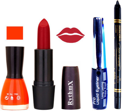

Rythmx Orange Nail Polish Rose Red Lipstick With Eyeliner and Pro Non Transfer Black Kajal 68093(Set of 4)