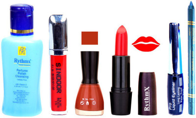 

Rythmx Orange Lipstick Fantasy Brown Nail Polish Remover Eye Liner Sindoor Turquoise Blue Kajal Combo Kit 8904(Set of 6)