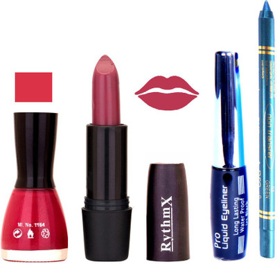 

Rythmx Shimmer Pink Nail Polish Pinkish Purple Lipstick With Eyeliner and Pro Non Transfer Blue Kajal 580123(Set of 4)