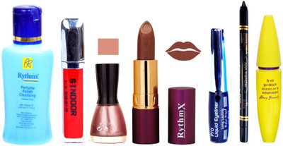 

Rythmx Lipstick ,Polish Remover, Sindoor, Nail Polish,EyeLiner,Black Kajal, Mascara, Makeup kit Combo 14097(Set of 7)