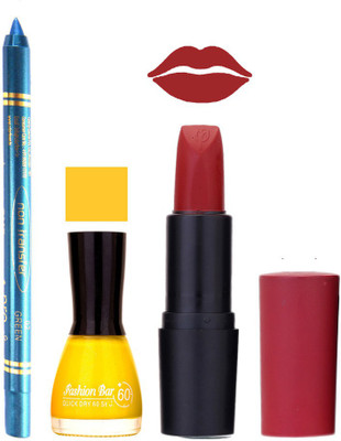 

Fashion Bar Nail Polish , otg Lipstick , Turquoise Blue Kajal Combo45(Set of 3)