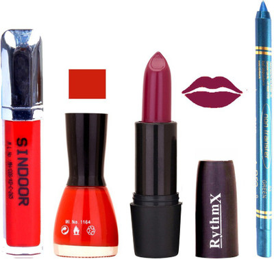 

Rythmx Mauve Lipstick Red Shade Nail Polish Sindoor and Non Pro Transfer Turquoise Blue Kajal Combo kit 9905(Set of 4)