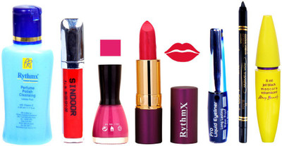 

Rythmx Lipstick ,Polish Remover, Sindoor, Nail Polish,EyeLiner,Black Kajal, Mascara, Makeup kit Combo 14084(Set of 7)