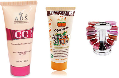 ADS CC Cream (SPF-20) / Scrub (50gm) / Lipgloss Palette(Set of 3)
