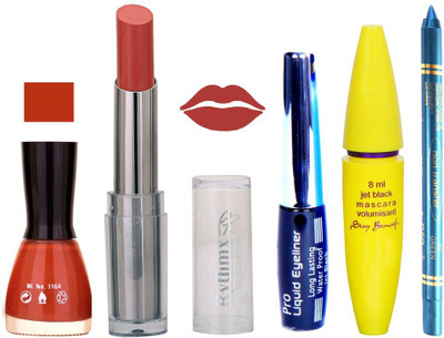 

Rythmx Intense Matte Pure brown Shade Lipstick, Brownish Pink Nail Polish,Black Eyeliner,Mascara, And Turquoise Blue Kajal 608(Set of 5)