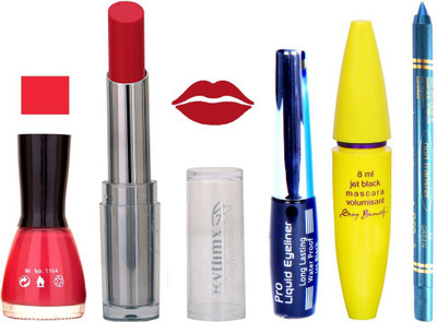 

Rythmx Intense Matte Redish Shade Lipstick, Pearl Pink Nail Polish,Black Eyeliner,Mascara, And Turquoise Blue Kajal 633(Set of 5)