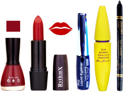 Rythmx Red Lipstick With Maroon Nail Polish Black EyeLiner Zed Black Kajal and Volumisant Express MasCara J(Set of 5)