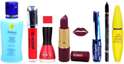 

Rythmx Mazanta Lipstick Neon Pink Nail Polish Remover Eye Liner Sindoor Pro Non Transfer Black Kajal Maskara Combo Kit 2853(Set of 7)