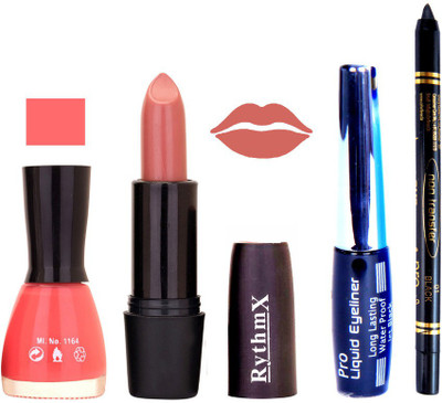 

Rythmx Baby Pink Nail Polish Peach Lipstick With Eyeliner and Pro Non Transfer Black Kajal 68120(Set of 4)