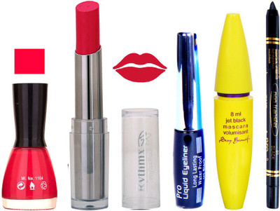 

Rythmx Intense Matte Royal Pink Shade Lipstick, Baby Pink Nail Polish,Black Eyeliner,Mascara, And Stay On Black Kajal 7339(Set of 5)