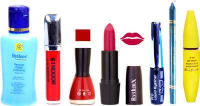 

Rythmx Bright Mazanta Lipstick Cherry Red Nail Polish Remover Black EyeLiner Sindoor Turquoise Blue Kajal Maskara 6(Set of 7)