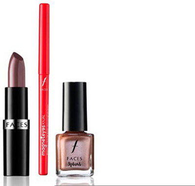 

Faces Go Chic Lipstick Candyfloss + Magneteyes Kajal+ Splash Nail Enamel All That Glitters(Set of 3)