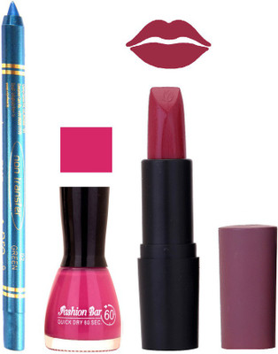 

Fashion Bar Nail Polish , otg Lipstick , Turquoise Blue Kajal Combo75(Set of 3)