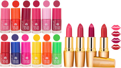 Aroma Care 12 Piece Vibrant Color Nail Polish Combo Set With 4 Rythm Creamy Matte Lipstick Combo 34(Set of 16)