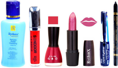 

Rythmx Shimmer Voilet Purple Lipstick Mazanta Pink Nail Polish Remover Eye Liner Sindoor Black Kajal Combo Kit 9839(Set of 6)