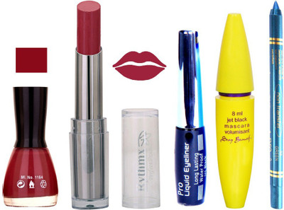 

Rythmx Intense Matte True some pink Shade Lipstick, Mauve Nail Polish,Black Eyeliner,Mascara, And Turquoise Blue Kajal 59Turquoise Blue(Set of 5)
