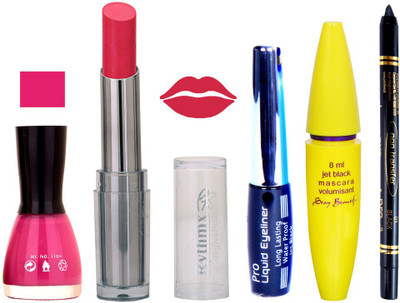 Rythmx Intense Matte Hot redish pink Shade Lipstick, Voilet Purple Nail Polish,Black Eyeliner,Mascara, And Stay On Black Kajal 7306(Set of 5)