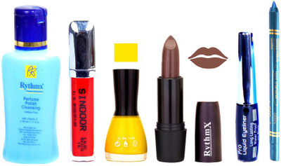 

Rythmx Brown Lipstick Yellow Nail Polish Remover Eye Liner Sindoor Turquoise Blue Kajal Combo Kit 8881(Set of 6)