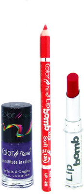 

Color Fever Red Lip Bomb Lipstick + Lip Liner+Nail Polish Combo 240320163(Set of 3)