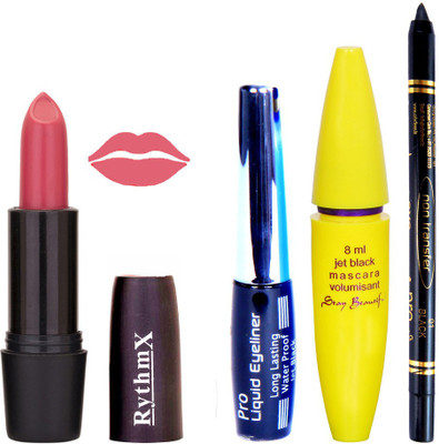 

Rythmx Light Pink Lipstick Bold Look Eyeliner Black kajal Magnum Beauty Maskara Kit 1090(Set of 4)
