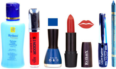 

Rythmx Glowing Red Lipstick Blue Nail Polish Remover Eye Liner Sindoor Turquoise Blue Kajal Combo Kit 8887(Set of 6)
