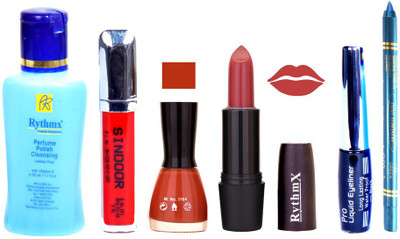 

Rythmx Gajri Pink Lipstick Fantasy Brown Nail Polish Remover Eye Liner Sindoor Turquoise Blue Kajal Combo Kit 8907(Set of 6)