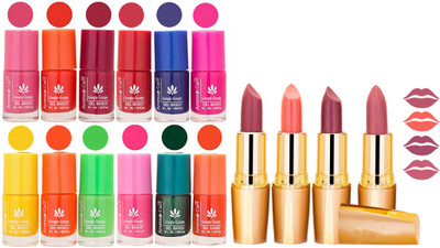 

Aroma Care 12 Piece Vibrant Color Nail Polish Combo Set With 4 Rythm Creamy Matte Lipstick Combo 73(Set of 16)