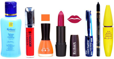

Rythmx Shimmer Mazanta Lipstick Peach Nail Polish Remover Eye Liner Sindoor Pro Non Transfer Black Kajal Maskara Combo Kit 2847(Set of 7)