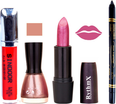 

Rythmx Shimmer Purple Lipstick Shimmer Grey Pink Nail Polish Non Transfer Black kajal Sindoor 153(Set of 4)