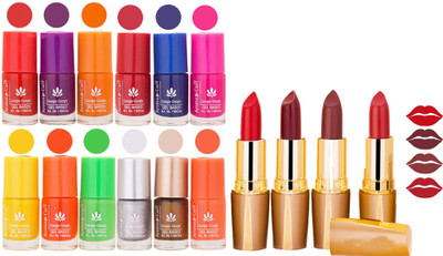 

Aroma Care 12 Piece Vibrant Color Nail Polish Combo Set With 4 Rythm Creamy Matte Lipstick Combo 147(Set of 16)