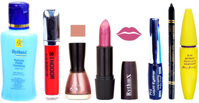 

Rythmx Shimmer Pink Lipstick Mazanta Pink Nail Polish Remover Eye Liner Sindoor Pro Non Transfer Black Kajal Maskara Combo Kit 2841(Set of 7)