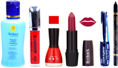 

Rythmx Rose Mauve Lipstick Red Nail Polish Remover Eye Liner Sindoor Black Kajal Combo Kit 9832(Set of 6)