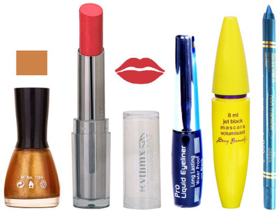 

Rythmx Intense Matte Peaches Pink Shade Lipstick, Glitter Gold Nail Polish,Black Eyeliner,Mascara, And Turquoise Blue Kajal 623(Set of 5)